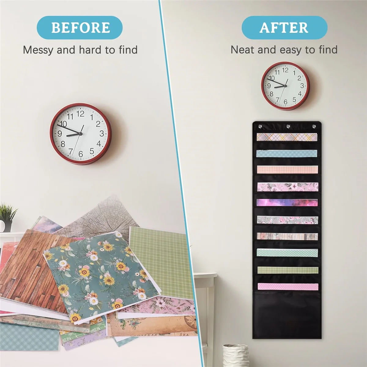

HOT Hanging Paper Storage Pocket, 12 X 12 Inch Paper Storage with 3 Pieces Hanging Hooks for Holding Scrapbook, Cardstock