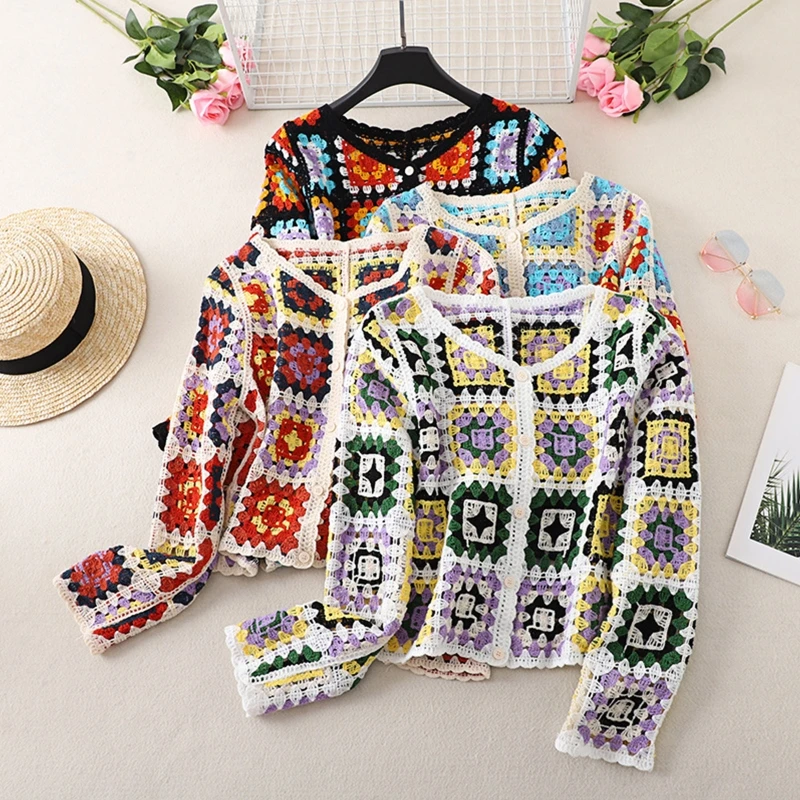 Spring Autumn Knit Sweater Cardigan for Women Long Sleeve  Button Down Crochet Colorful Geometric Pattern Coat