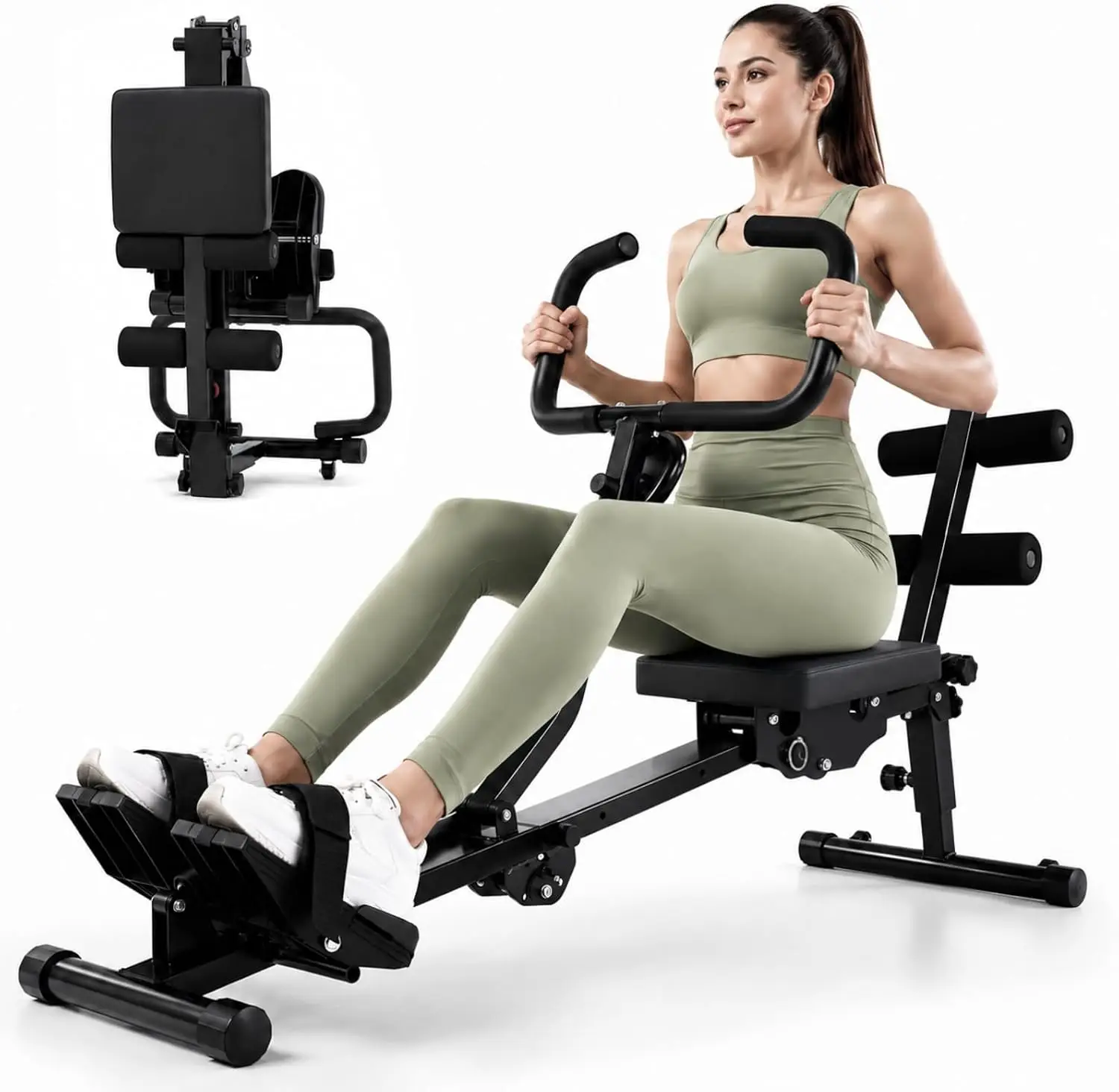Foldable Hydraulic Rowing Machine, 12-Level Home Gym Rower, Black | Multi Functional Row Machine with Transport Casters, Backres