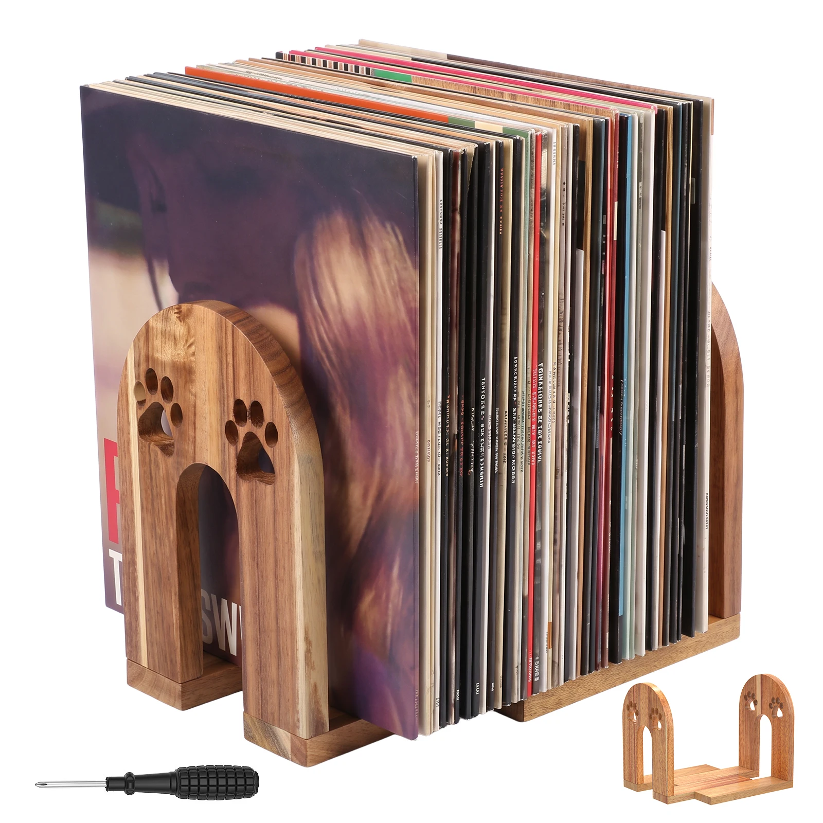 Acacia Wood Vinyl Record Holder Adjustable Record Storage Rack Decorative Record Display Rack Upright Album Stand Holds 20-60 LP