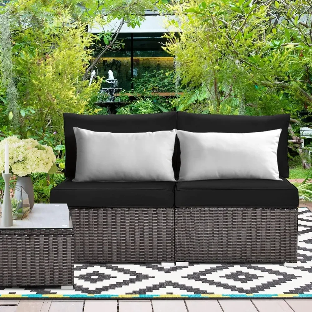 Outdoor Wicker Armless Sofa,Rattan Sectional Sofa Set w/2 Thick Seat Cushions and 2 Back Cushions,Additional Seats Brown