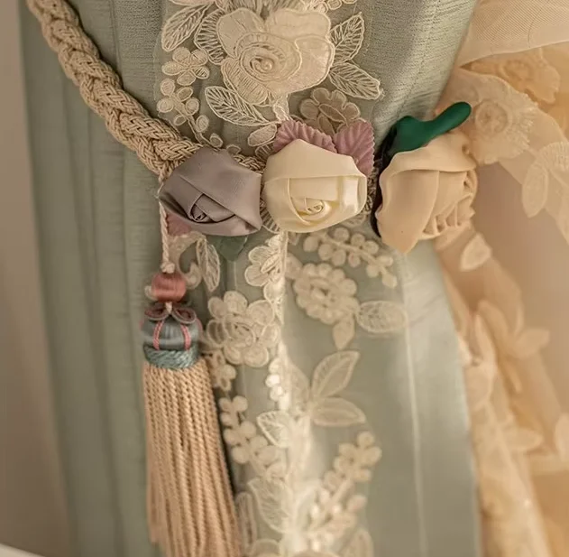 Custom Size French Embroidery Lace Splicing Luxury Retro Mint Green Gloss Curtains for Living Dining Room Bedroom Blackout Decor