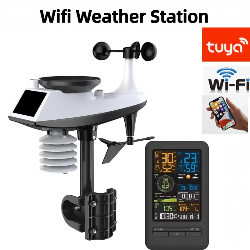 محطة الطقس واي فاي الذكية تويا المنزل الرقمية اتجاه سرعة الرياح الأمطار ضوء مؤشر جودة الهواء درجة الحرارة الرطوبة