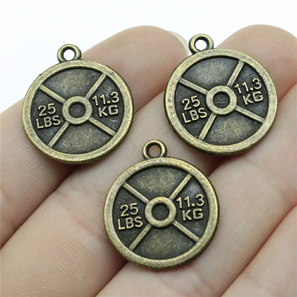 WYSIWYG 10pcs 23x20mm Antique Bronze Plated Weightlifting Weight Film Charms Pendant For DIY Jewelry Making