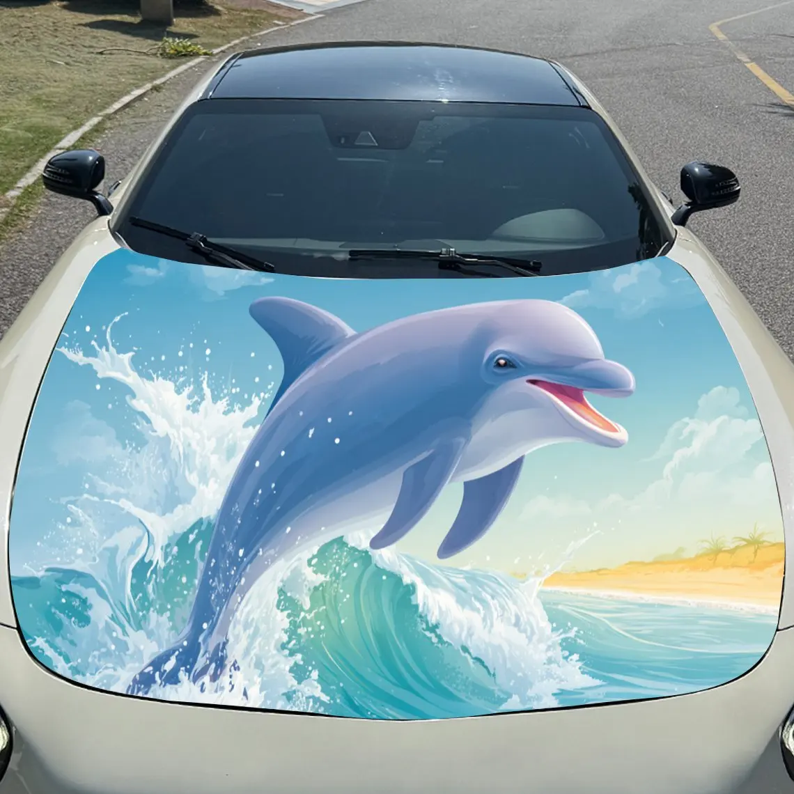 Ocean Dolphin Car Hood Sticker PVC Self Waterproof Stick, Striking Auto Exterior Accessories Decor Protect Gift for Car Lover