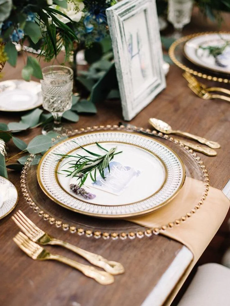 European Gold Rim Glass Plate with Beads Elegant Dinnerware Set for Steak Home Tableware