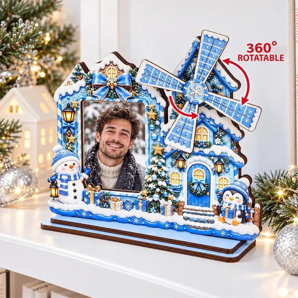 2D Flat Christmas Photo Frame Wooden Detachable Rotating Photo Frame Standing Sturdy Windmill-Style Photo Frame Home Decoration