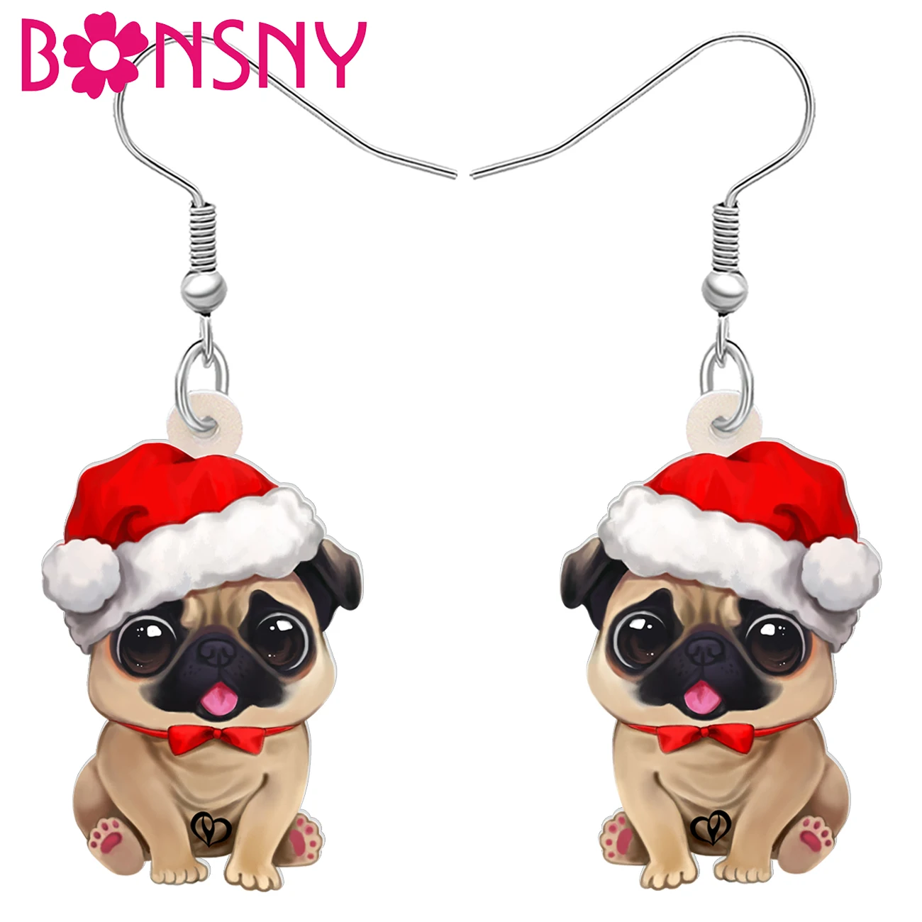 BONSNY Acrylic Christmas Cute Hat Pug Doggy Drop Dangle Earrings For Women Girls Kid Dog Lovers Charm Pets Gifts