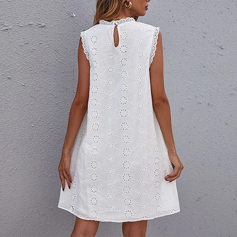 Verão novo 2025 fresco e doce gola alta solta oco renda gancho flor sem mangas vestido feminino 64