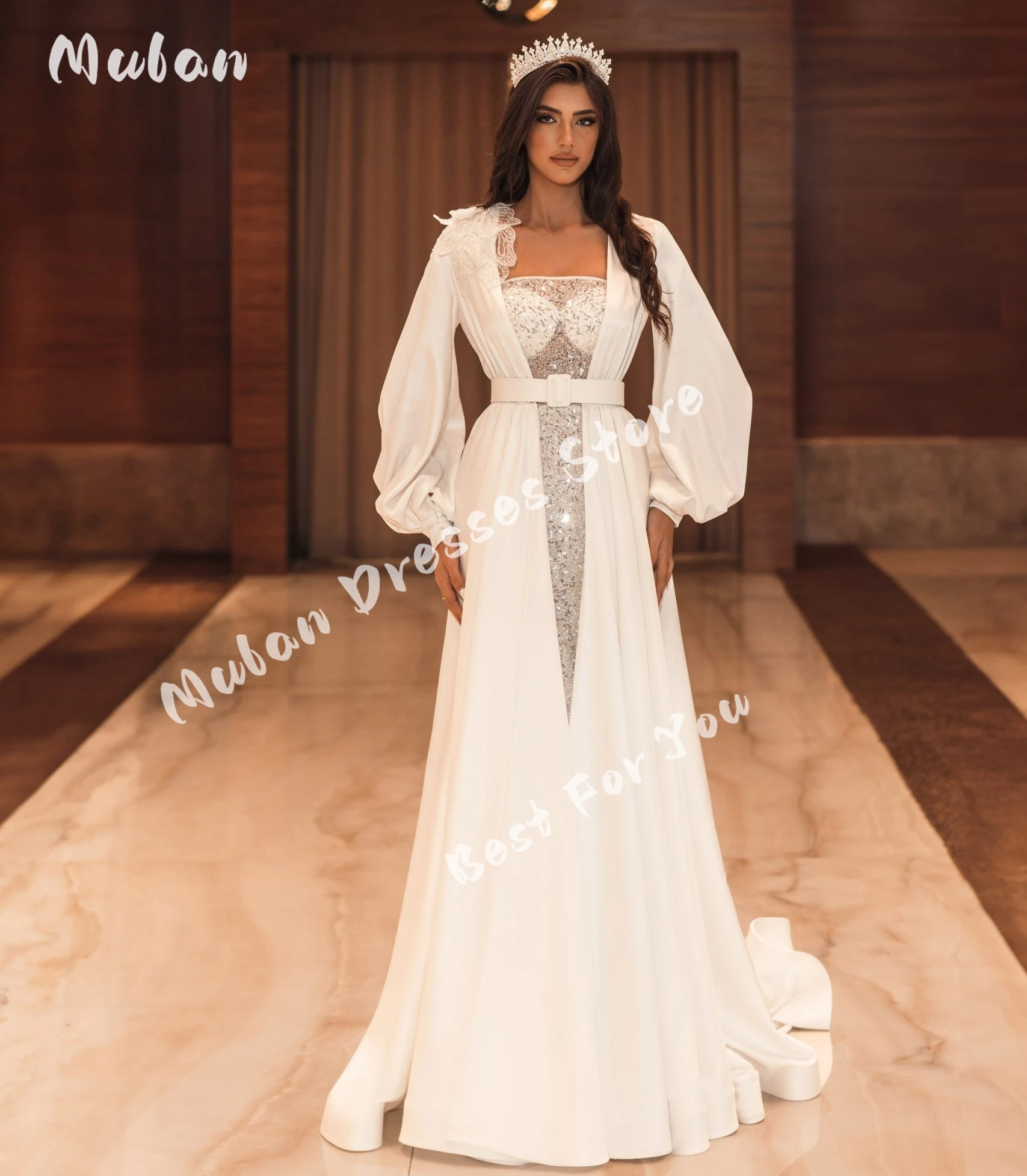 

Customized Puff Long Sleeves Shiny Tulle Wedding Dresses 2025 A-line Sexy Appliques Belt Elegant Bridal Gowns vestidos de novia