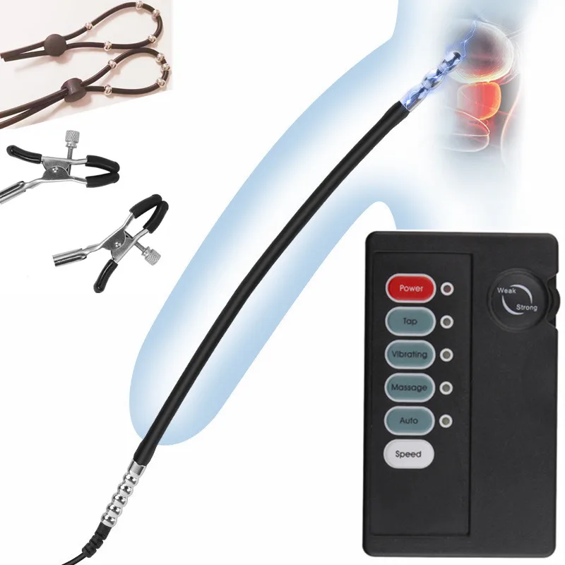 المعادن مجرى البول موسع السبر لعبة استثارة القضيب الحصان العين قضيب صدمة كهربائية سيليكون خواتم الديك الجنس لعب للرجال الحلمات كليب