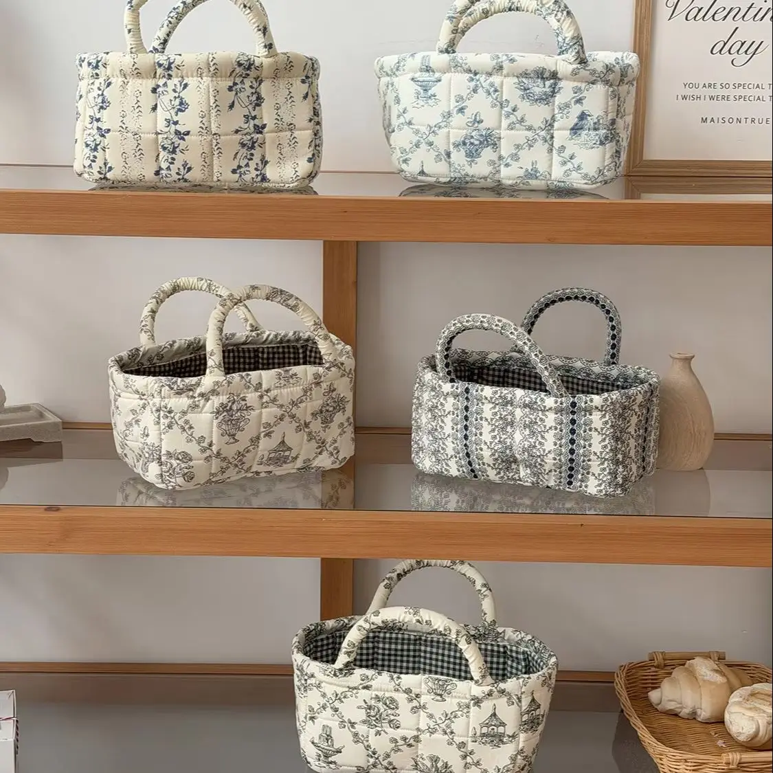 YT Portable Outdoor Country Style Pattern Storage Bag Japanese Fresh Floral Handbag Vine Storage Basket