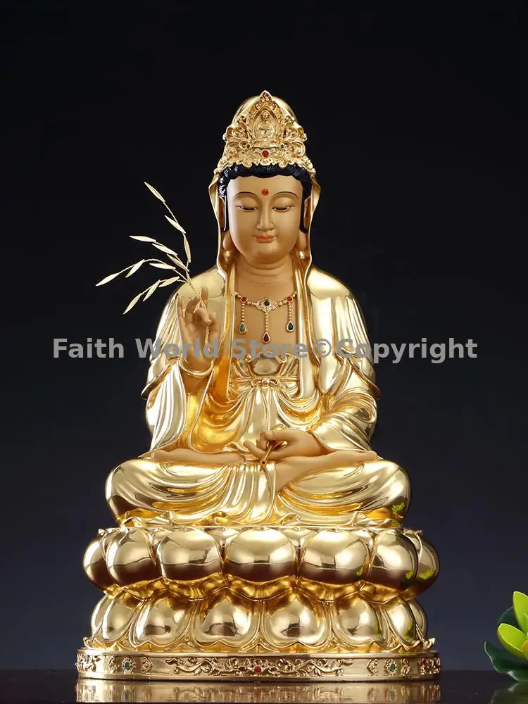 High end 24K gold plating COPPER guanyin bodhisattva Avalokitesvara copper buddha statue family worship Bless safety health luck