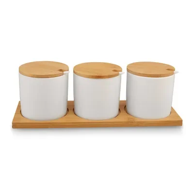 1/3pc Ceramic Spices Jars Kitchen Salt Pepper Sugar Organizer Container Box With Wood Lid Spoon Condiment Spices Rack Shelf Tray