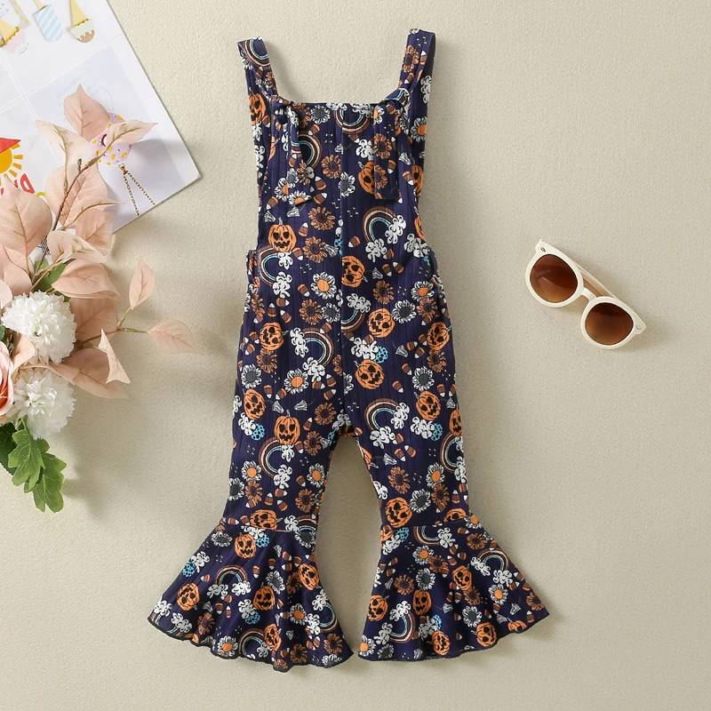 

Toddler Girl s Pumpkin Print Suspender Flared Jumpsuit with Knotted Square Collar and Long Romper for Halloween Costume