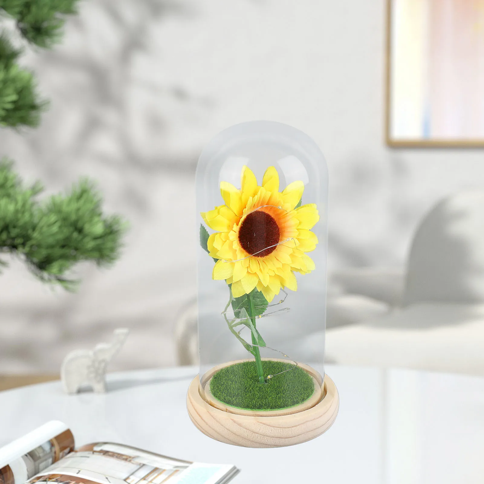 Simulation Sunflower Glass Cover Decoration Luminous LED Artificial Eternal Sunflower Glass Dome Night Light For Women