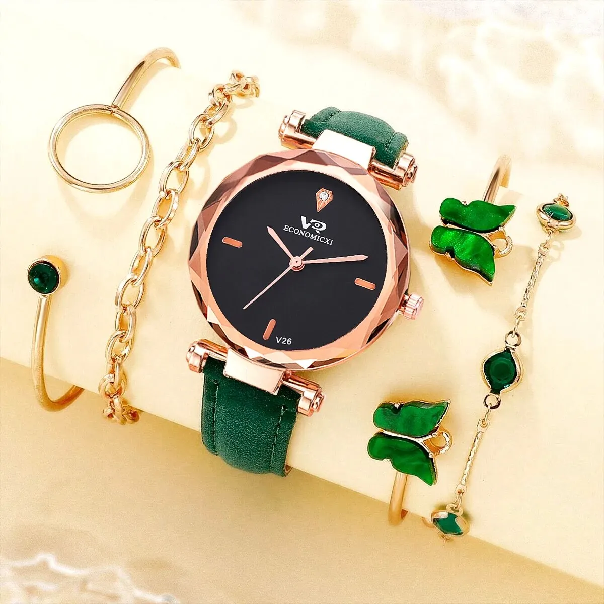 5Pcs Ladies Fashion Simple Trend Digital Roman Rhinestone Leather Quartz Watch Emerald Butterfly Starry Sky Jewelry Set