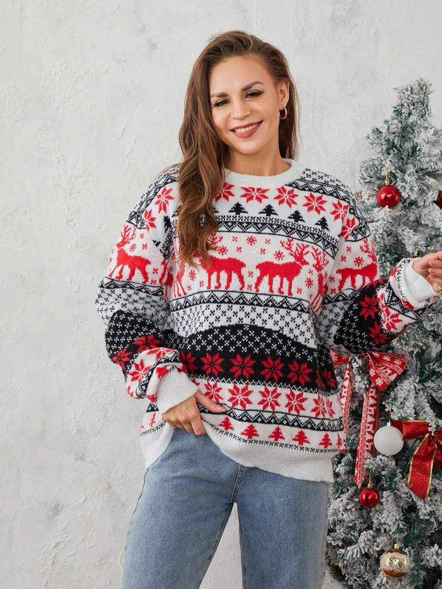 Unisex Christmas Sweater Winter Warm Couples Knit Pullovers Long Sleeve Round Neck Reindeer Pattern Classic Jumpers Knitwear