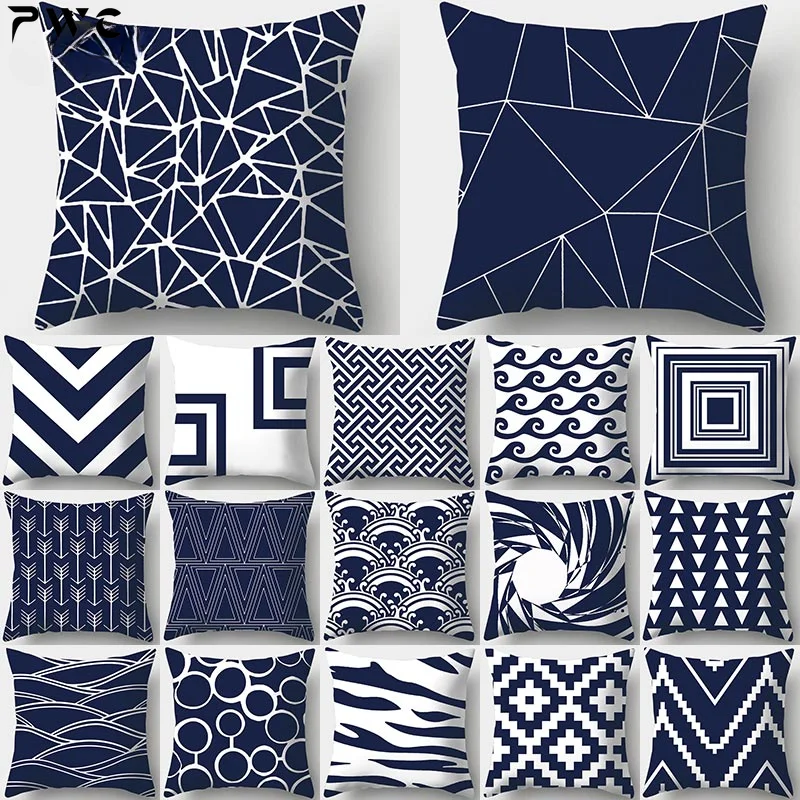 

Dark Blue Geometric Print Decorative Cushions Pillowcase Polyester Cushion Cover Throw Pillow Sofa Decoration Pillowcover