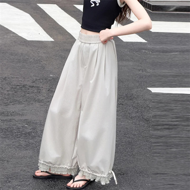 

Children Wide Leg Pants for Teenage Girl Casual Ankle Length Pants with Fashion Lace Kids Summer Streetwear Casual Sports Pants