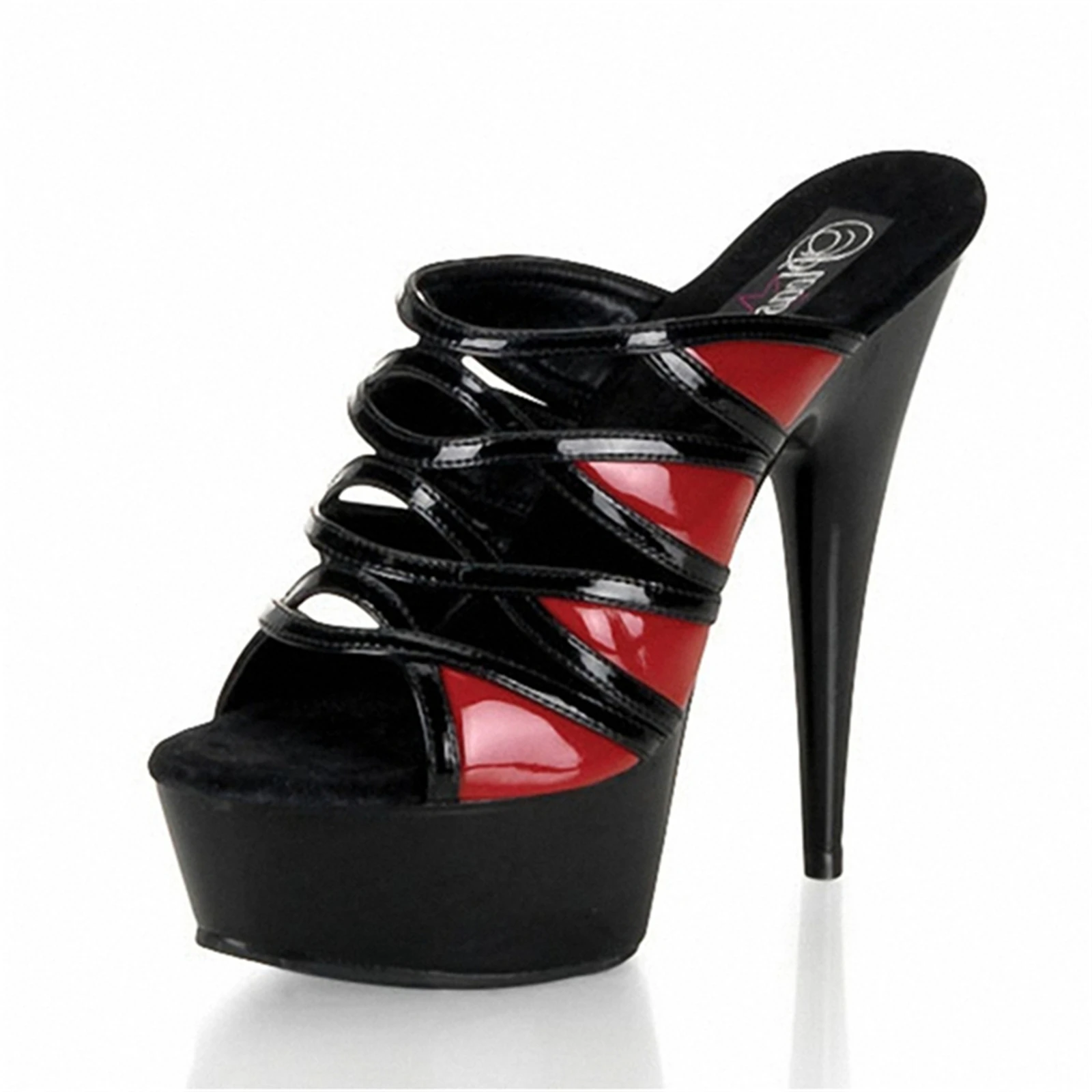 ​Bold Night Out Heels 15CM, Black Cut-Out Platform Mules with Red Accent, Dominant Party Statement Shoes​