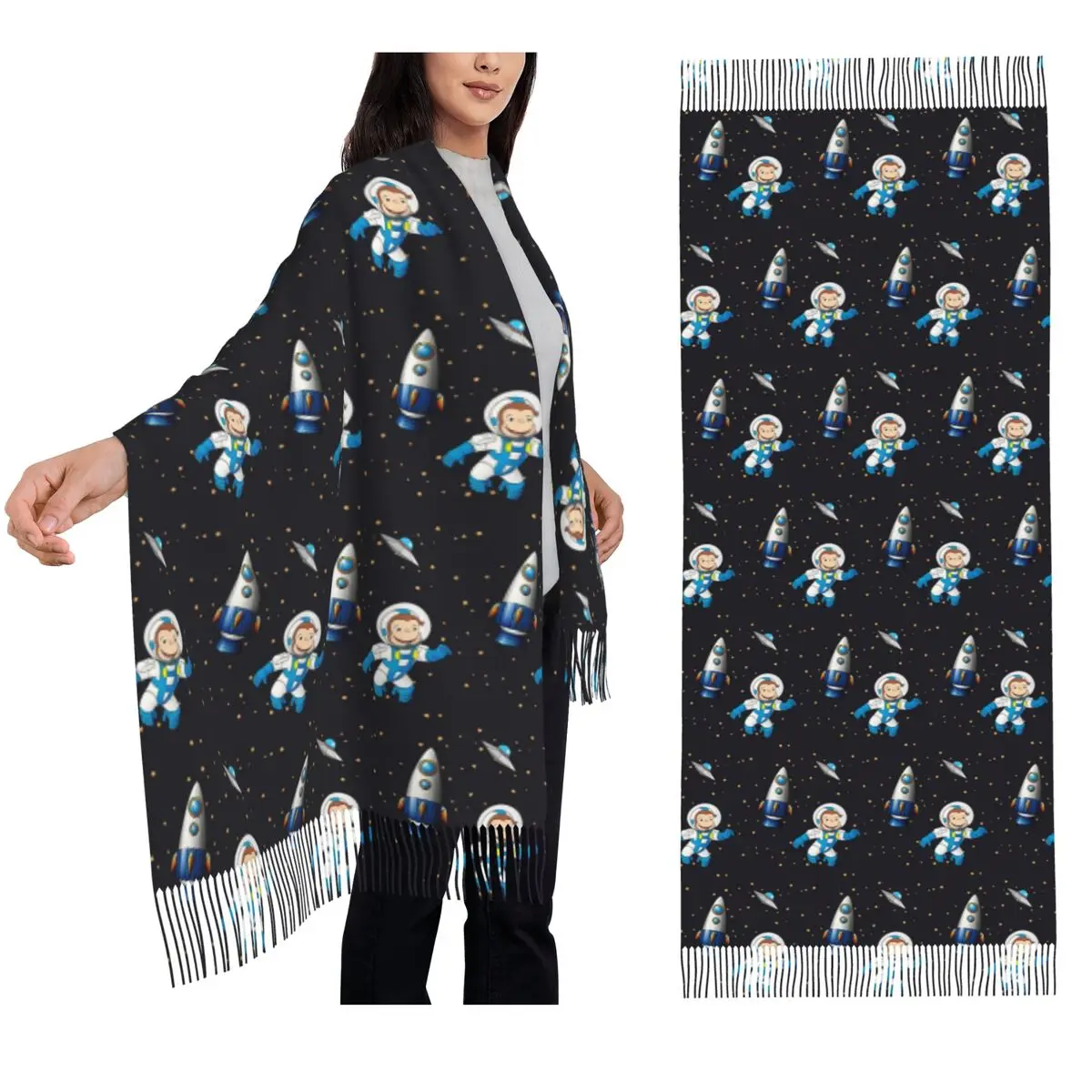 George The Curious Monkey Astronaut Cartoon Scarf Tassel Scarves for Women Shawls and Wraps Long Fall Winter Shawl Wrap