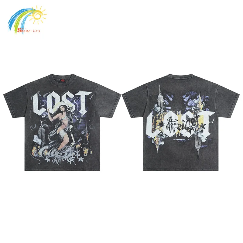 

Men Women Classic Rhinestone Logo Lost Intricacy T-Shirt Hip Hop Graphics Print Tee Vintage Washed Black Loose T Shirt With Tag