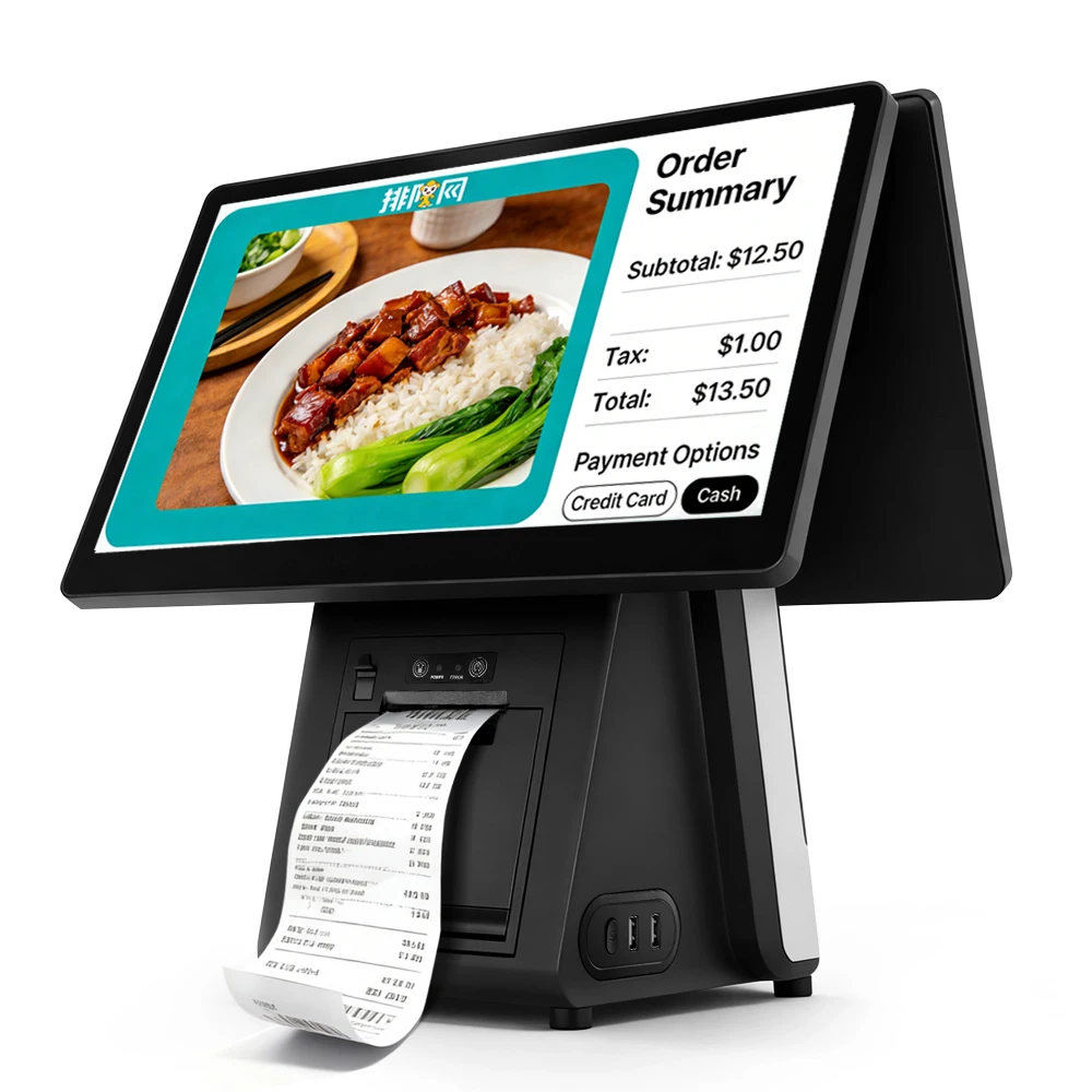 

Умная POS-система с двумя сенсорными экранами для ресторанов, с Wi-Fi и Bluetooth, все в одном
