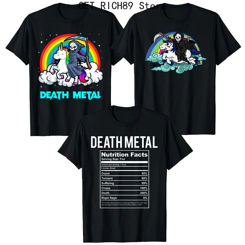 Death Metal Unicorn T-Shirt Funny Brutal Death Metal Nutrition Facts Concert Tee Gift Rainbow Grim Reaper Cool Halloween Costume