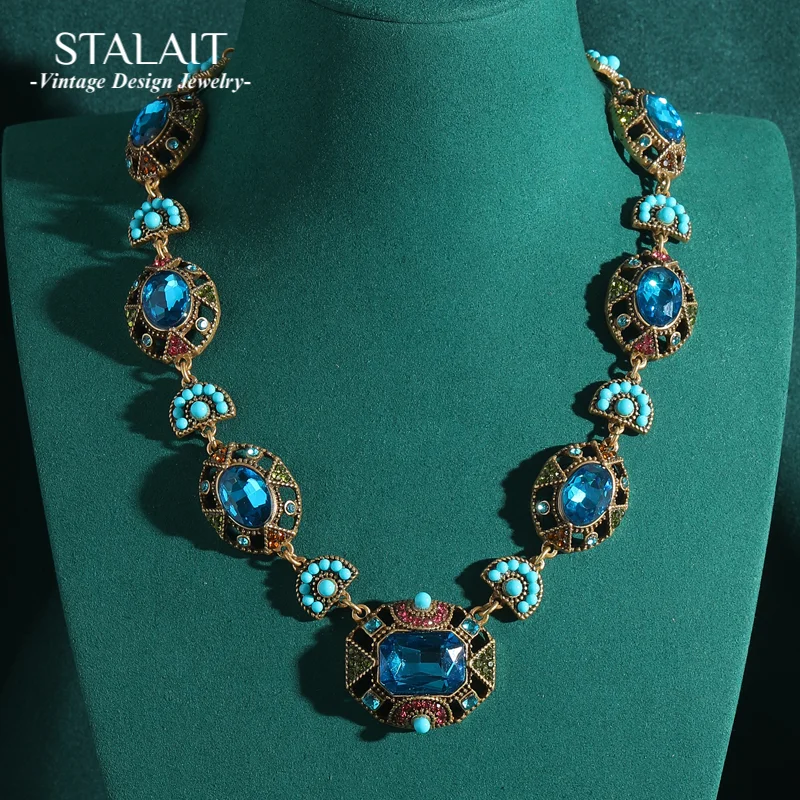 

Vintage Bohemian Jewelry Square Sea Blue Crystal Choker Necklace Charm Gold Color Luxury Designer Accessories Valentine Day Gift