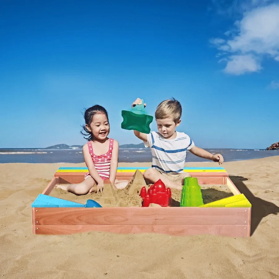 

's Wooden Sandbox Sandpit Wood Playset Outdoor Backyard 47.25L x47.25W x 7.87H Golden Red