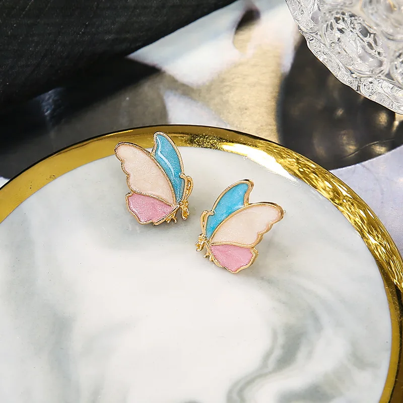 925 Silver Fantasy Colorful Butterfly Earrings Delicate Sweet Gradient Ear Jewelry Fashion Simple Temperament