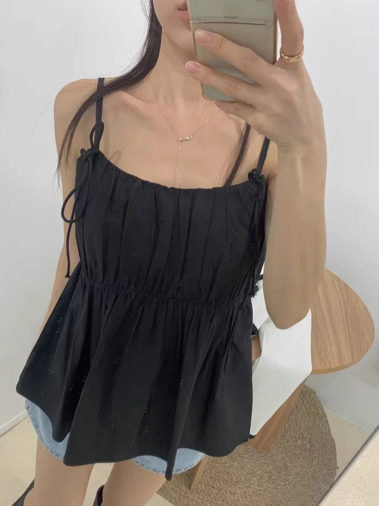 Csa tipo ceco con tirantes ajustables para mujer, Top hoado de estilo coreano versátil con diseño pado y nudo de m...