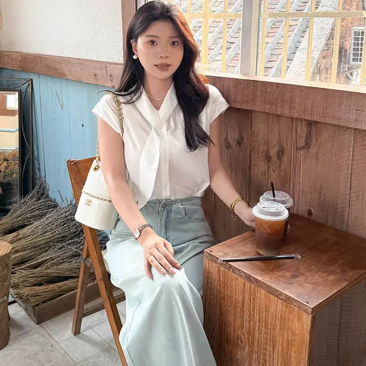 White Sash Short Sleeve Loose Women's Shirt Summer Small Size Elegant Flying Sleeve Top French Style Universal Fit Polyester