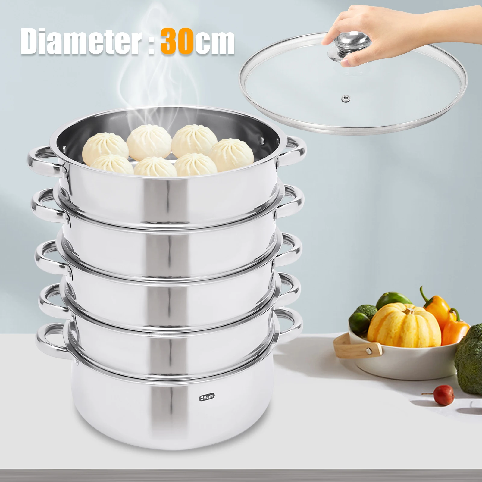 Multifunctional Stainless Steel Steamer 26cm/28cm/30cm 5-Tier Kitchen Cooking Steamer Durable And Easy-to-clean