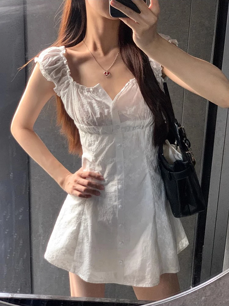 ReddaChic-minivestido Floral bordado de dos vías para mujer, vestido blanco de verano con mangas abullonadas, corte en A, abotonado, de una pieza, para salir