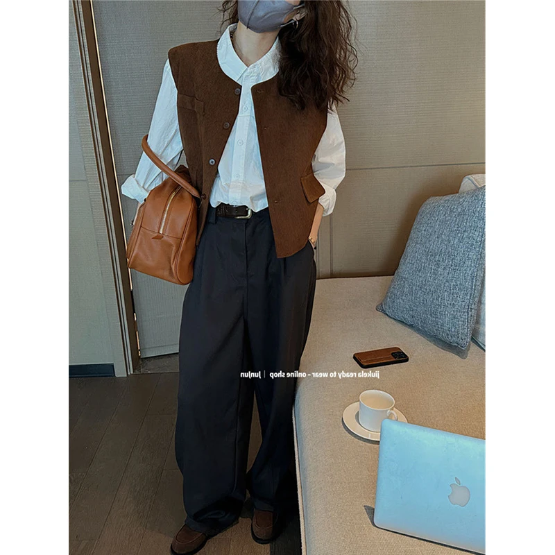 MEXZT Vintage Corduroy Vest Women Streetwear Cropped Jackets Japanese Harajuku Waistcoat Sleeveless Coats Ladies Loose Outerwear