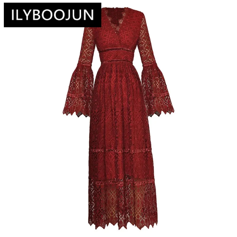 

ILYBOOJUN Fashion Designer Spring Summer Maxi Dress Women V-Neck Flare Sleeve Geometric Hollow Out Elegant Party Long Dresses