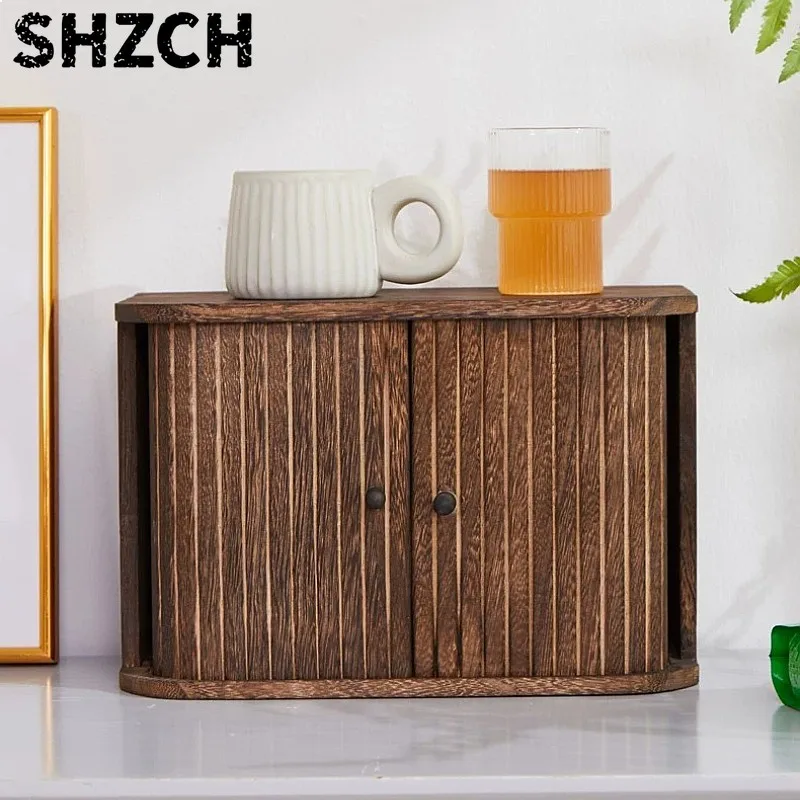 Solid Wood Dustproof Display Cabinet Roller Door Desktop Storage Box for Tea Sets