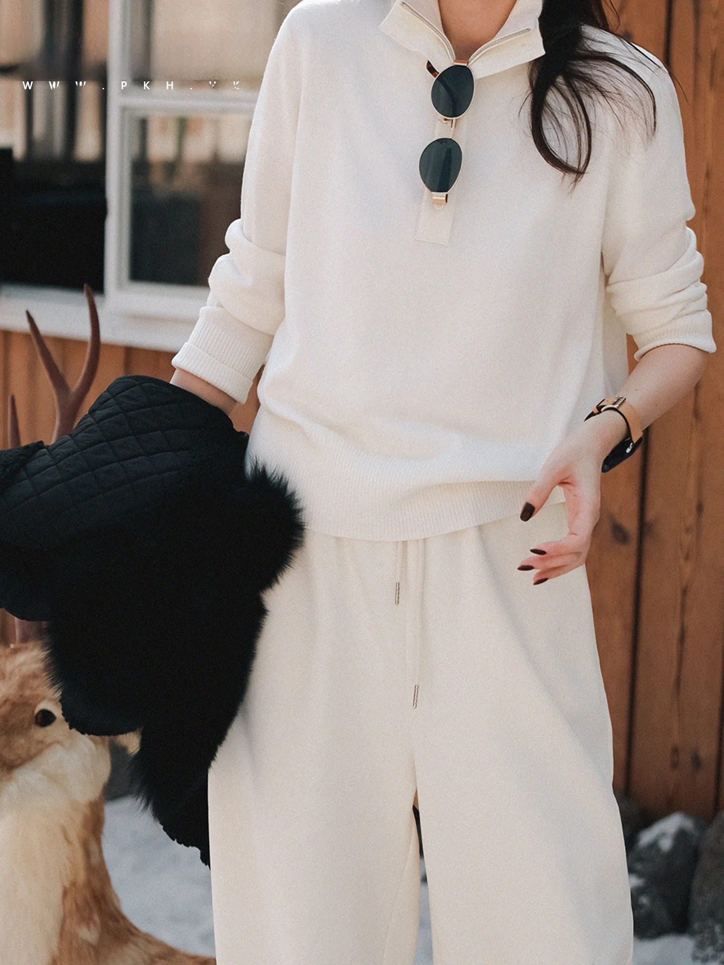 

PKHHK Winter New Soft Comfortable Wool Sweater f Open Double Collar Loose Fit Knitted Women's Faion Classic Sle