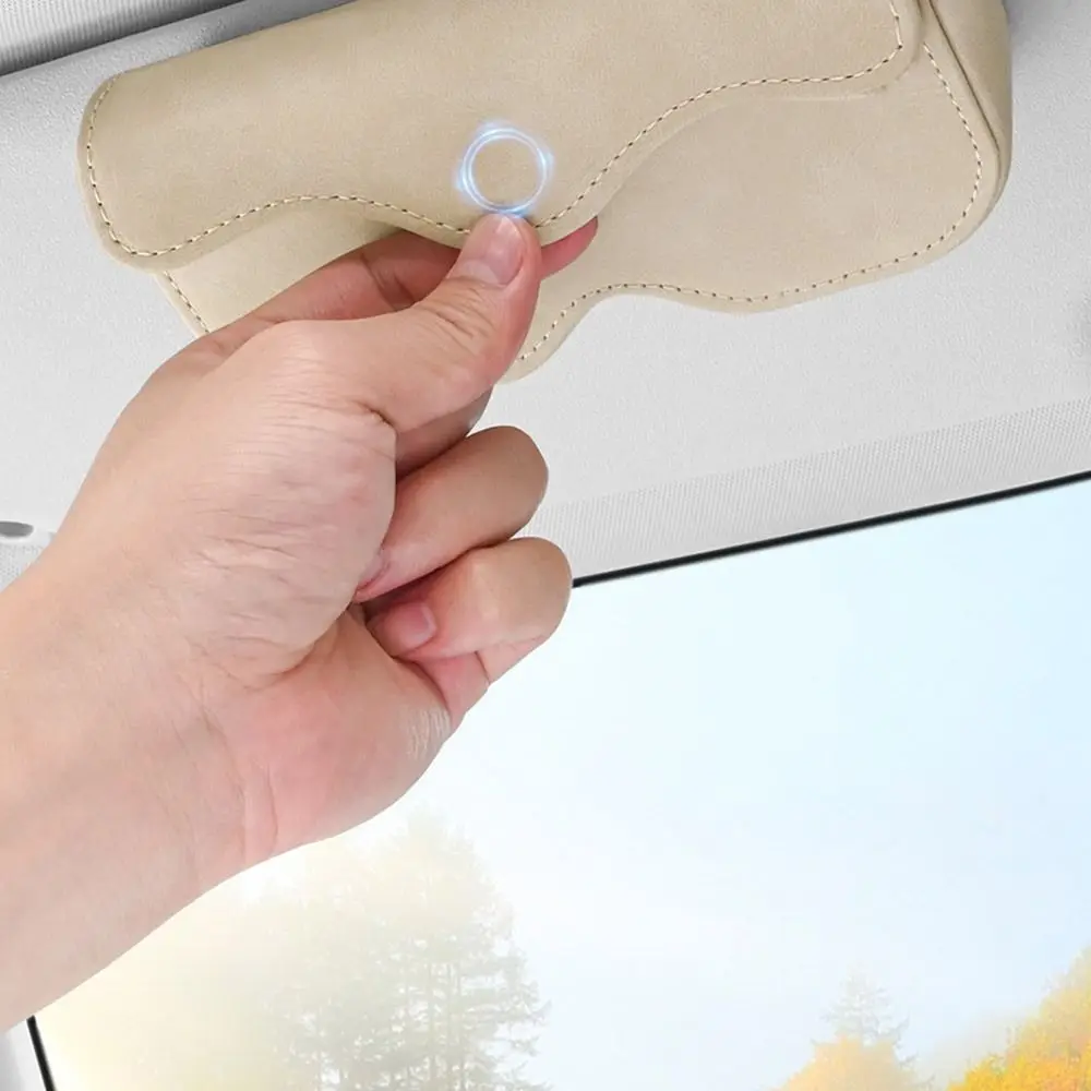 Suede Leather Car Eyeglass Case Automatic Closing Magnetic Auto Sun Visor Glasses Holder Non-slip Multi-functional