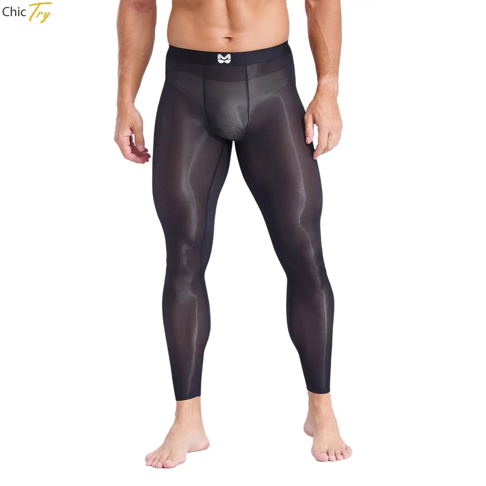 Masculino elástico ultra-fino leggings gelo sedoso yoga fitness meia-calça bulge bolsa collants ver através de calças para ginásio esportes treino
