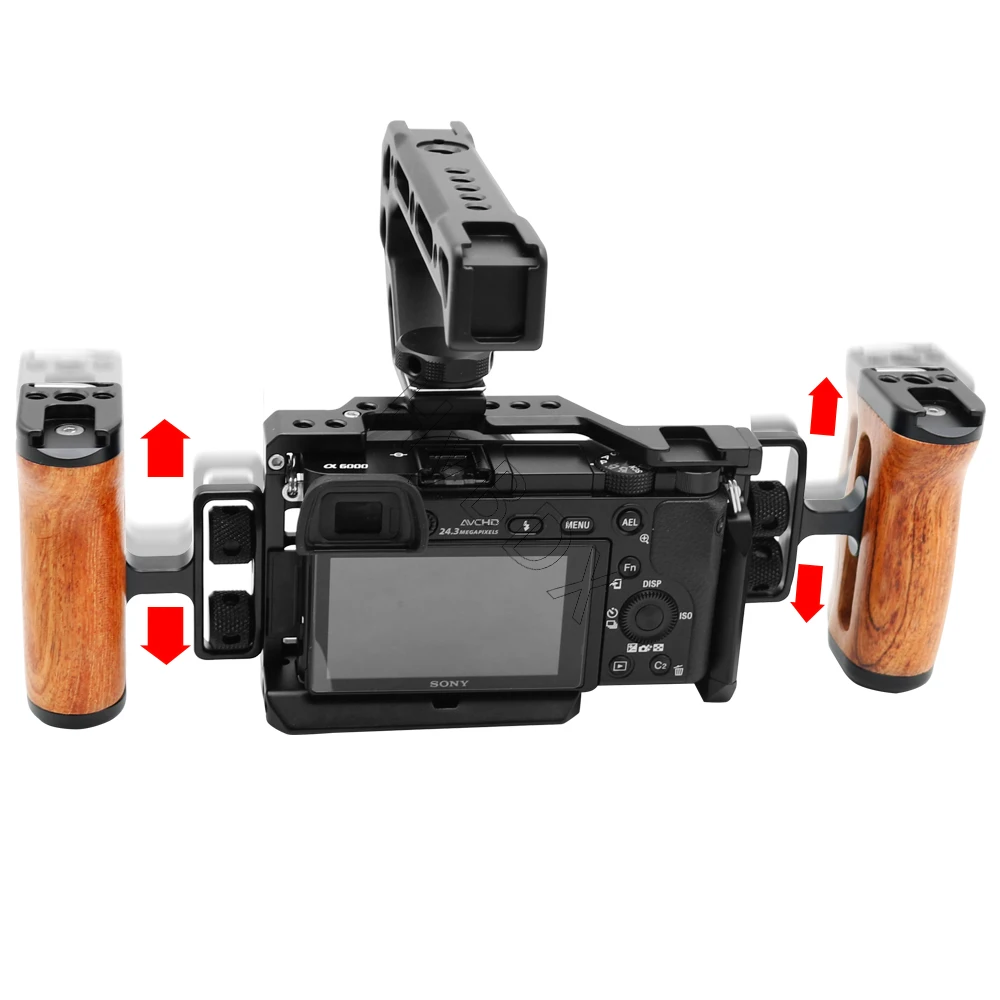 DSLR Camera Wooden Handle Grip HandGrip with Cold Shoe for Sony A6300/A6400/A6500/A6000 Camera Cage For Rig Mic Video LED Light