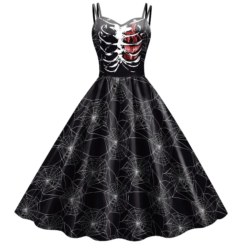 Teanoon Halloween Fancy Skeleton Rose Print Women Dress Girl Carnival Party Dresses Female Goth Horror Costume Rockabilly Dress