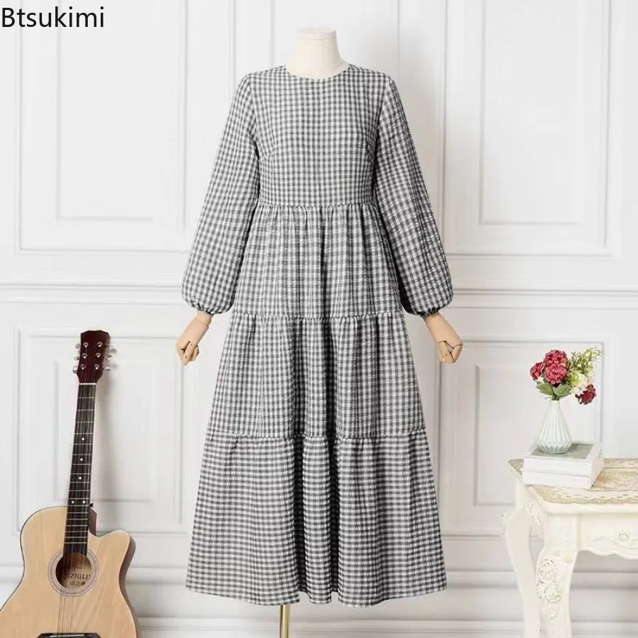 New 2024 Women\'s Vintage Plaid Checked Sundress Muslim Long Sleeve Abaya Elegant Ruffles Maxi Dress Dubai Arab Kaftan Robe Femme