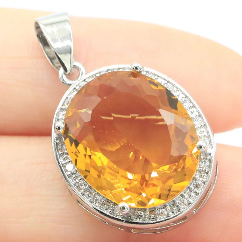 Buy 4 Get 1 Free 31x19mm Delicate Big Gemstone Smoky Topaz Golden Citrine CZ Engagement Silver Pendant