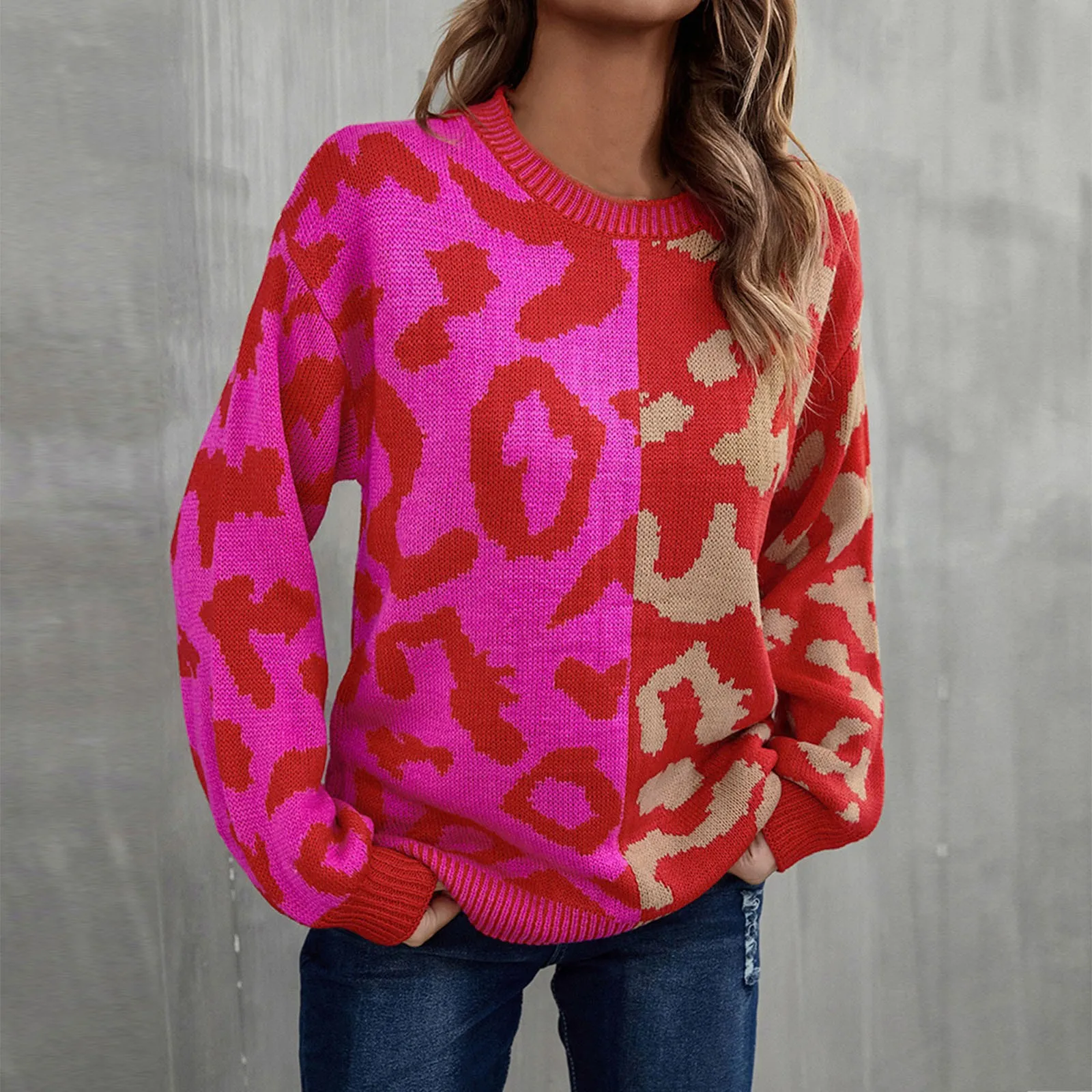 Autumn Winter Warm Sweater Women Leopard Print Stitching Knitted Sweater Fashion Streetwear Round Neck Long Sleeved Pullover