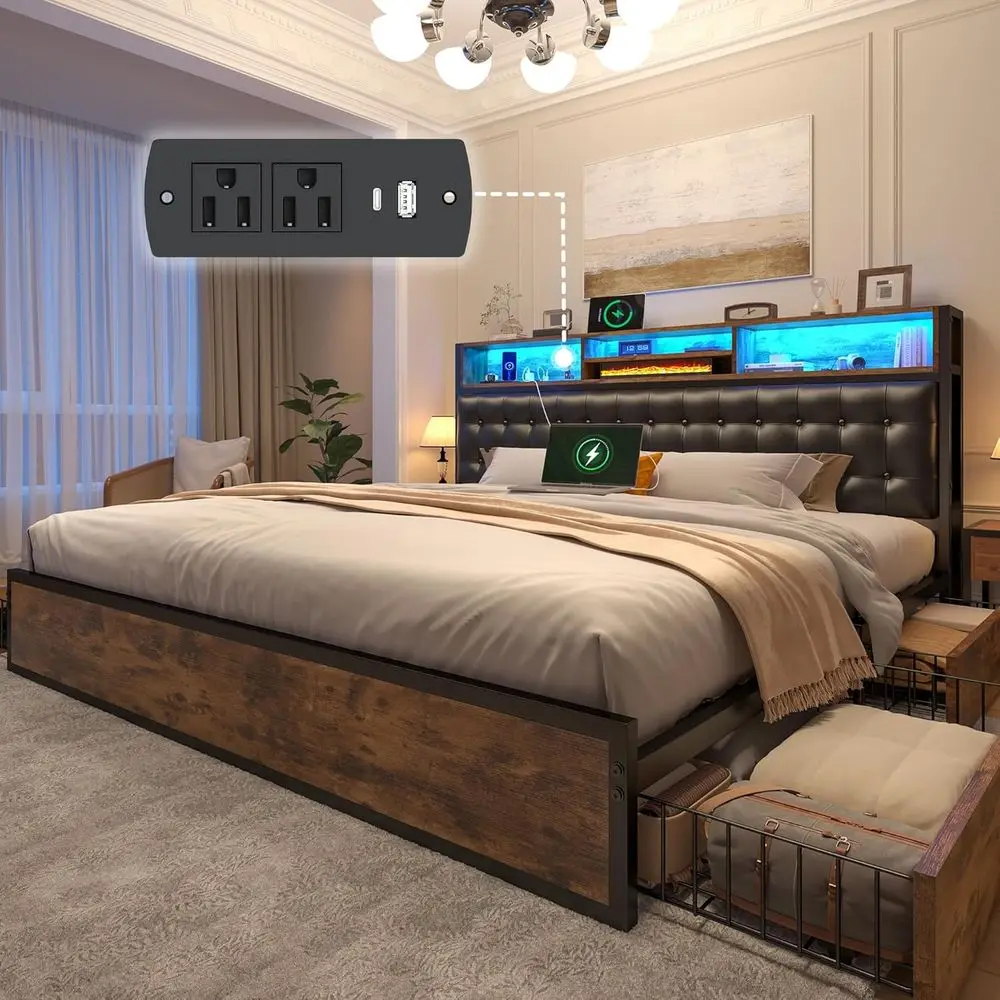 

Vintage Brown Leather King Bed with 4 Drawers, Built-in Charging & LED, No Box Spring, Storage Board