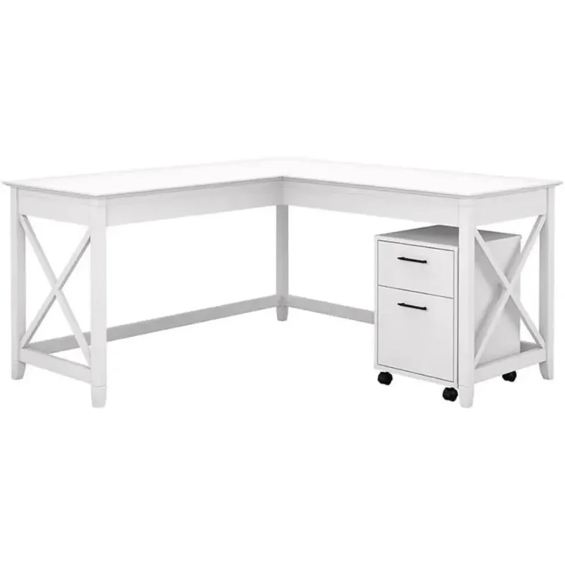 [عرض لفترة محدودة، اشترِ الآن! ]مكتب على شكل حرف L من Key West بقدرة 60 وات مع خزانة ملفات متنقلة بدرجين من خشب البلوط الأبيض النقي