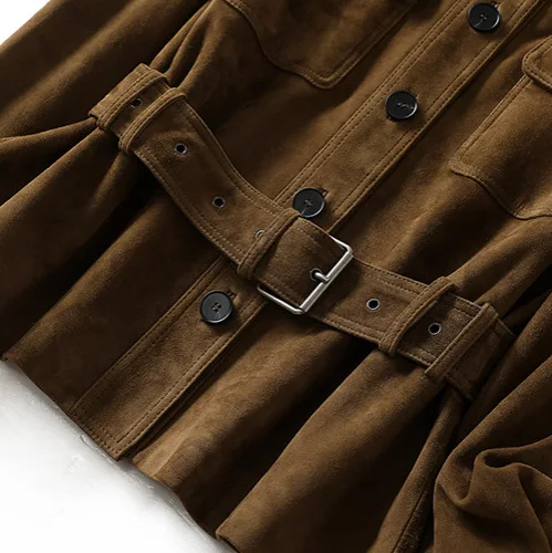 Winter Brand New Suede Leather Jacket for Women Collar Pocket 100% Kid Suede Slim Fit Coat With Belt Coffee Shirt Vestes Femmes